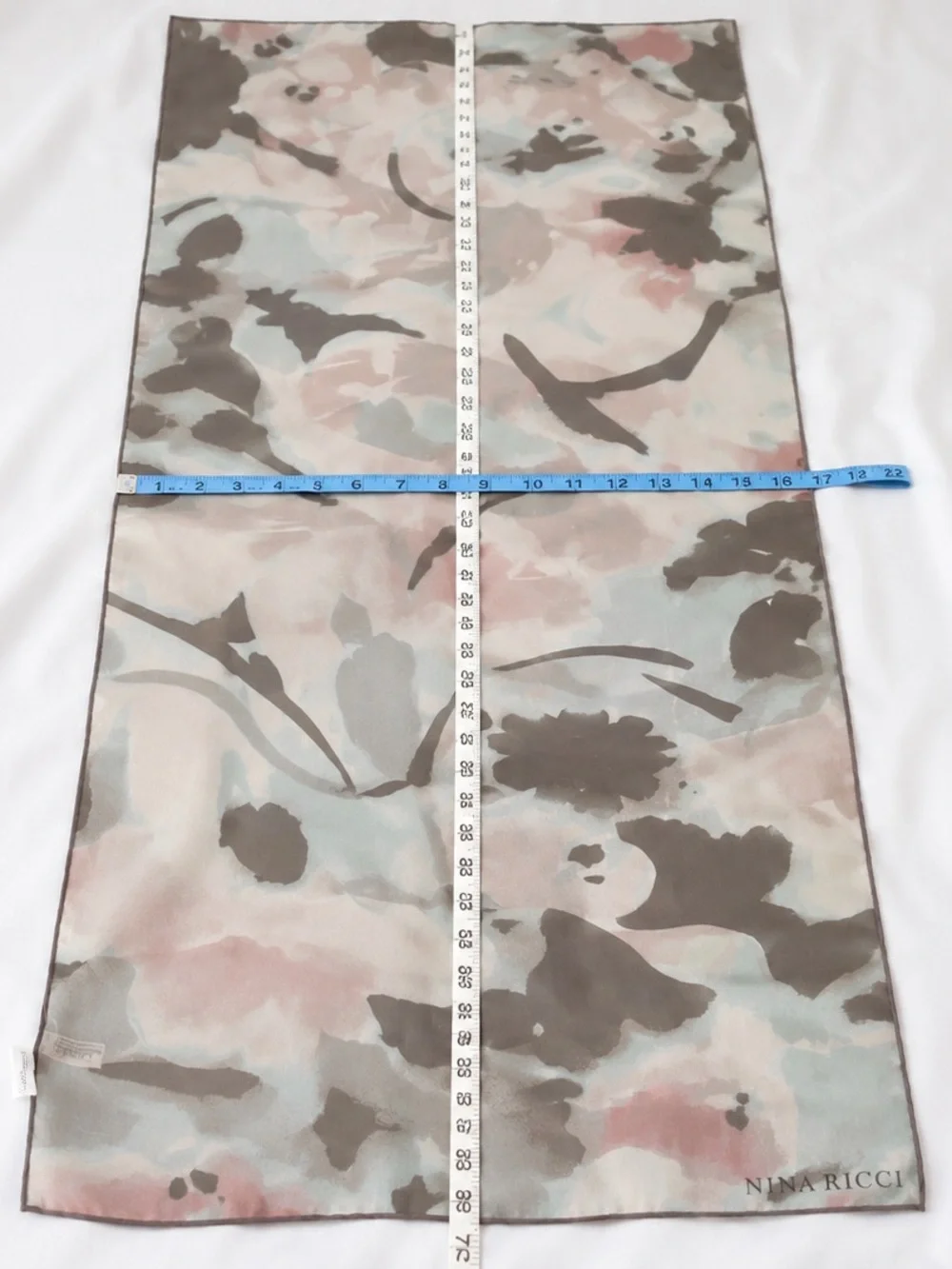 Nina Ricci Italy 100% Silk Abstract Floral Scarf Taupe Blush Blue 22x70